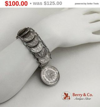 Vintage Mexican Silver Coin Bracelet Large Coin Charm