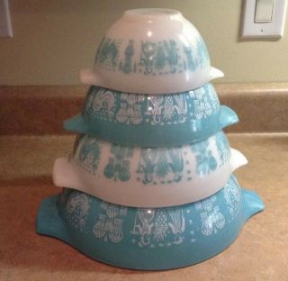 Vintage Pyrex Amish Butterprint Turquoise Cinderella Nesting Mixing Bowl Set 4