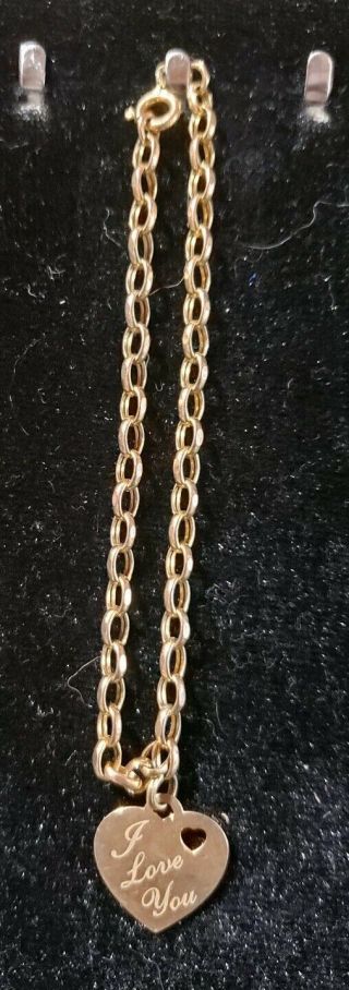 Vintage Link 7 " Bracelet W/i Love You Engraved Heart Charm 10k Gold