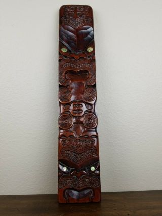 Vtg Carved Kauri Wood Maori Tiki Totem Statue Zealand Tribal Paua Shell