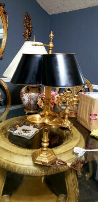 Vintage Chapman Gilt Bronze Or Brass Desk Lamp W/ Clover Shape Black Shade 26 "