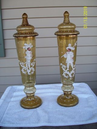 Vintage Antique Pair Mary Gregory Tall Amber Glass Lidded Vases W/raised Enamel