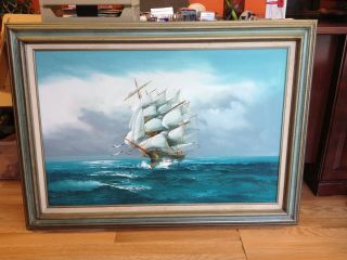 Vintage Oil Painting On Canvas,  Signed By Jackson,  Seascape,  Ship 43 "