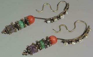 Large Antique Tibetan Or Chinese Silver Pearl Coral Jade Amethyst Drop Earrings
