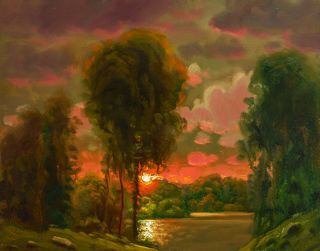 Oil Painting Landscape Vintage American Art Signed Impressionist Sun 9 Max Cole