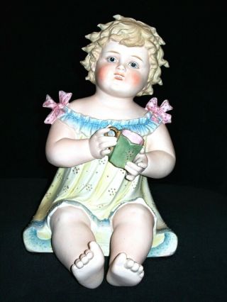 ANTIQUE GERMAN VICTORIAN CONTA BOEHME PIANO BABY GIRL WITH CUP BISQUE FIGURINE 2