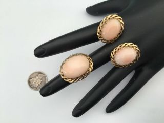Vintage 14k Yellow Gold And Angel Skin Coral Earrings And Ring Size 6,  15.  5 Gr.