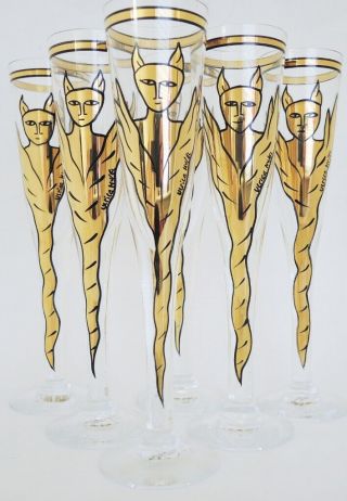 6 Vintage Kosta Boda Goldie Goldy Champagne Flutes Ulrica Hydman Vallien Rare