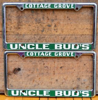 Set Vtg Emb Metal Dealer License Plate Frames Uncle Bud 