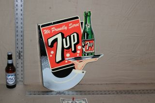 Rare 1940s 7up Soda Pop Hand Tray Bottle 2 - Sided Metal Flange Sign Coke Gas Oil