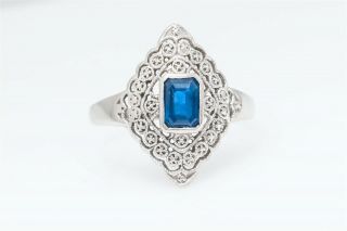 Vintage 1950 $4k 1.  50ct Natural Emerald Cut Blue Sapphire Platinum Filigree Ring