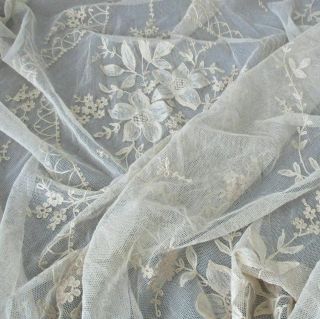 Vintage French Tambour Lace Bed Cover 100 " X 65 " Embroidered Flowers,  Tendrils