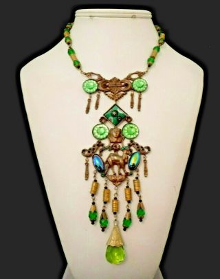 Rare Antique Art Deco Egyptian Revival Huge Green Foil Glass Statement Necklace