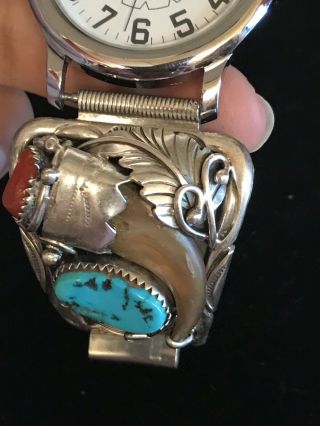 Vintage Navajo Sterling Watch Band Turquoise Coral Faux Bear Claw Signed