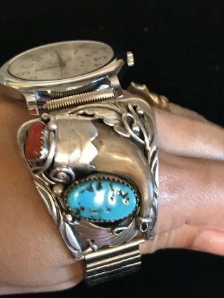 VINTAGE NAVAJO STERLING WATCH BAND TURQUOISE CORAL FAUX BEAR CLAW SIGNED 2