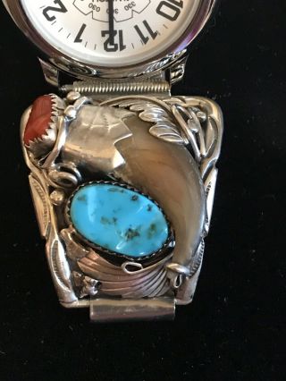 VINTAGE NAVAJO STERLING WATCH BAND TURQUOISE CORAL FAUX BEAR CLAW SIGNED 3
