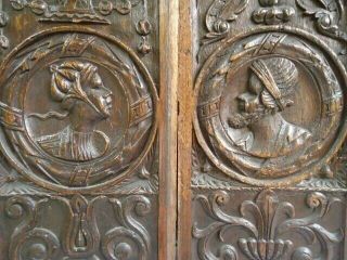 Two Rare 16th Century Oak Carved Portrait Profile Romayne Panels