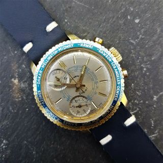 Vintage Mens Gold Chronograph By Lucerne Sport With Blue Handmade Leather Strap