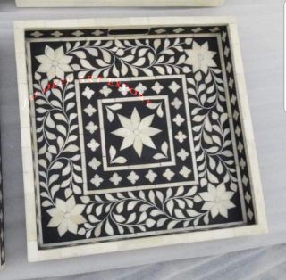 Bone Inlay Handmade Antique Wooden Indian Vintage Floral Square Serving Tray