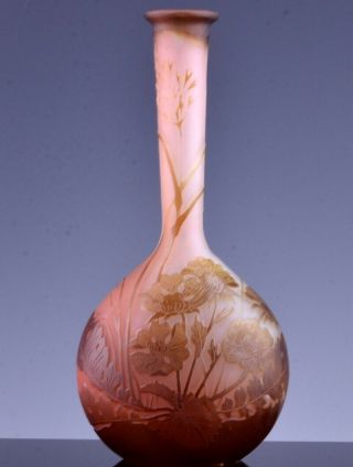 Fine Quality Galle French Art Glass Acid Etched Carved Cameo Glass Bottle Vase