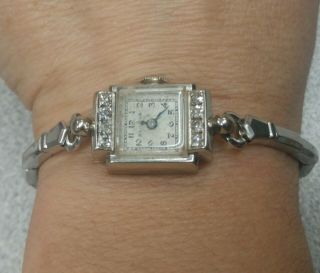 Ladies Vtg.  Deco Bulova 14kt White Gold Diamond Watch 685397