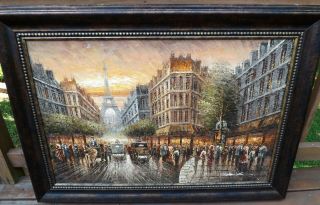 Large Vtg Painting Oil On Canvas Impressionist Hand Painted Paris Street Signed
