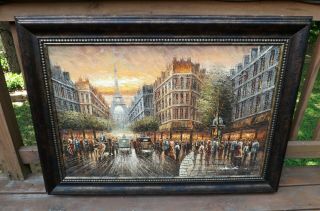 Large Vtg Painting Oil on Canvas Impressionist Hand Painted Paris Street Signed 2