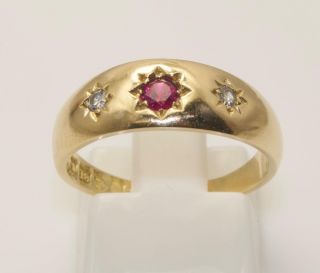 Antique 18carat 18k Gold Ruby & Diamond Set Gypsy Ring Uk M - Us 6 Chester 1917