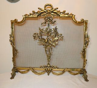 Large Antique Ornate Brass Footed Fireplace Fire Screen Dogs