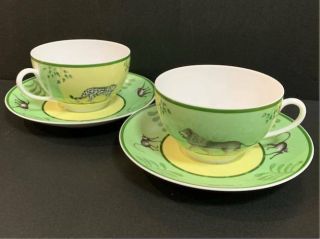 Hermes Porcelain Morning Cup Saucer Africa Green Animal Tableware Auth Rare