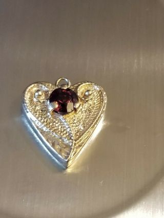 Vintage 14k Yellow Gold Heart Charm Pendant,  Ruby Garnet,  Very Rare.  3.  5 Grams