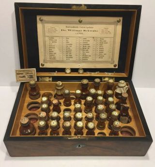 Dr Willmar Schwabe 1870 - 1890 Wooden Homeopathy Medicine Box With Glass Bottles.