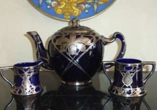 Lenox Antique (1896 - 1906) Art Nouveau Cobalt Blue Silver Overlay Tea Set