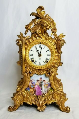 Antique Ansonia Gilt Rococo Mantel Clock Trianon Limoge Porcelain Panel