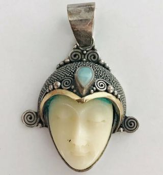 Vtg 14k Gold & Sterling Silver Hindu Goddess Bone Carved Face Pendant W/opal