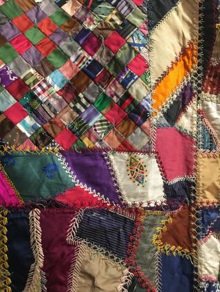 GORGEOUS Vintage 1880 ' s Silk Crazy Antique Quilt Many Stitching Variations. 2