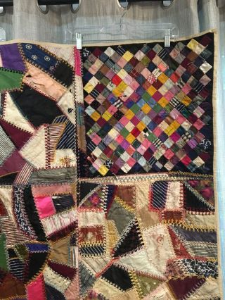 GORGEOUS Vintage 1880 ' s Silk Crazy Antique Quilt Many Stitching Variations. 3