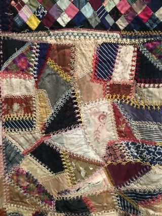 GORGEOUS Vintage 1880 ' s Silk Crazy Antique Quilt Many Stitching Variations. 4