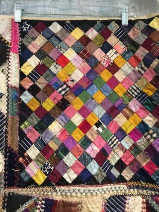GORGEOUS Vintage 1880 ' s Silk Crazy Antique Quilt Many Stitching Variations. 5