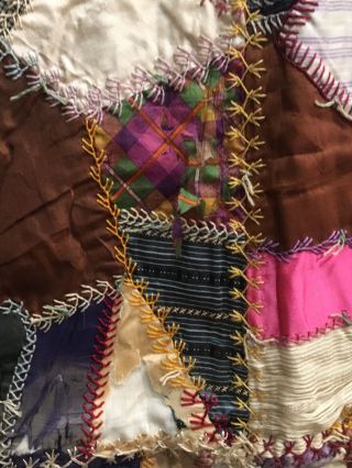 GORGEOUS Vintage 1880 ' s Silk Crazy Antique Quilt Many Stitching Variations. 7