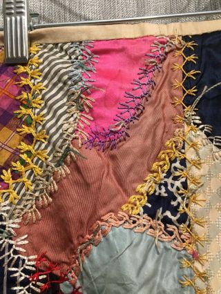 GORGEOUS Vintage 1880 ' s Silk Crazy Antique Quilt Many Stitching Variations. 8