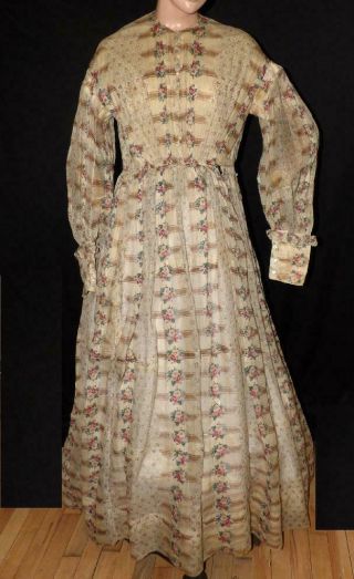 Antique Victorian Vtg Pre Civil War Era Floral Stripe Gauze Fabric Dress