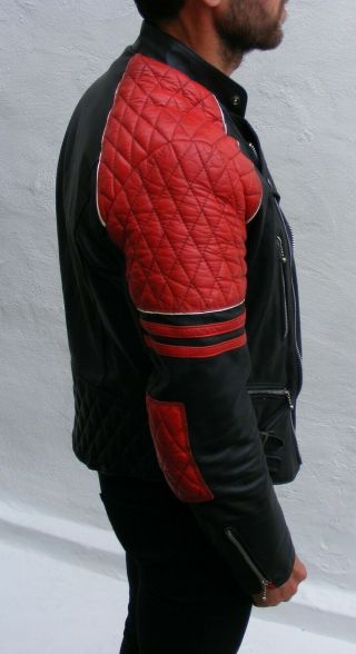 vtg black red leather biker cafe racer jacket mens 38 small medium bobber punk 3