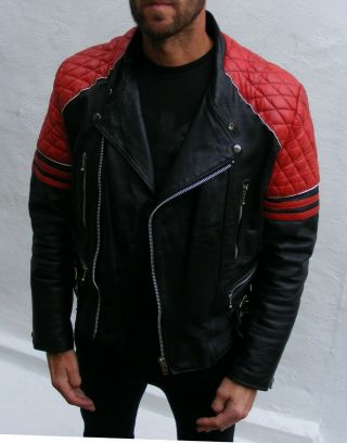 vtg black red leather biker cafe racer jacket mens 38 small medium bobber punk 4