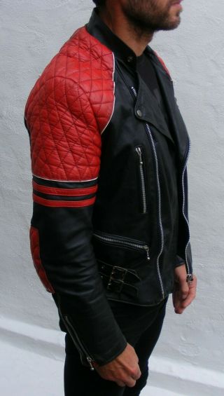 vtg black red leather biker cafe racer jacket mens 38 small medium bobber punk 5