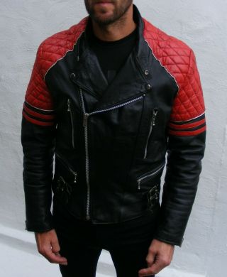 vtg black red leather biker cafe racer jacket mens 38 small medium bobber punk 6