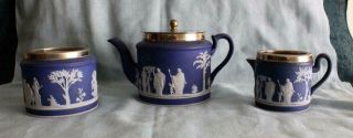 Vintage Wedgwood Jasperware Teaset Dark Blue Teapot,  Milk Jug & Sugar Bowl