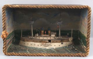 Antique 19thC American Maritime Folk Art Dreadnought Span Am Ship Model Diorama 2