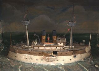 Antique 19thC American Maritime Folk Art Dreadnought Span Am Ship Model Diorama 3