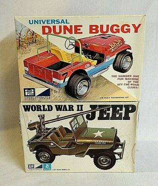 Wow Two 1960`s Mpc Universal Jeep & Ww2 Willys Jeep 1/25 Model Kits In Boxes